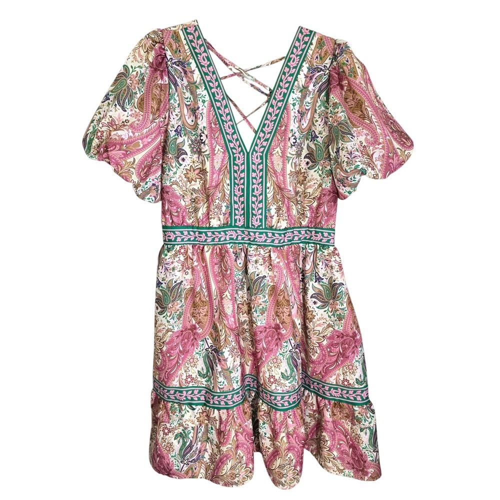 The Sang Paisley Print‎ Lace Up Back Mini Dress Plus Size 2X Puff Sleeve